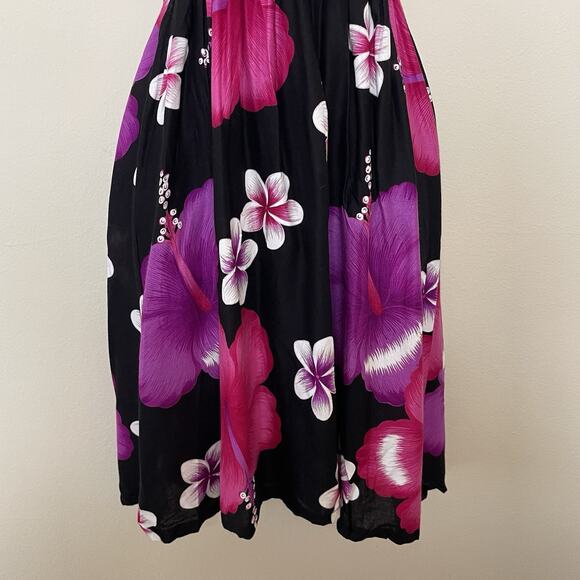 Vtg Black Pink Hibiscus Flower Halter Dress Hawaiian Y2K Babydoll Fairy Sz M - Picture 3 of 10